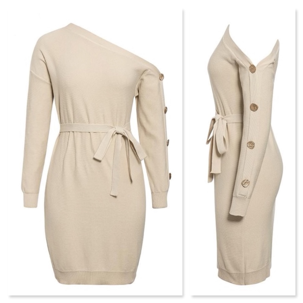 Knit One Shoulder Belted Dress in Beige - Picture 11 of 14